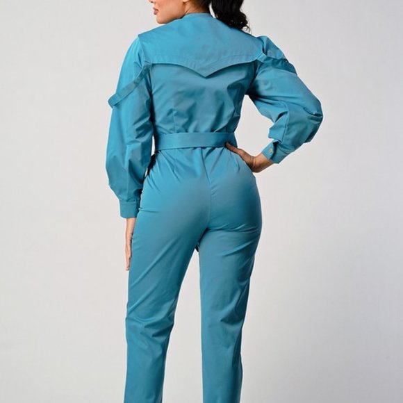 Teal Blue Belted Utility Jumpsuit - Picture 9 of 12